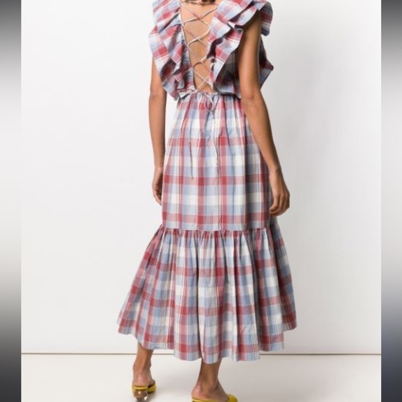 Ulla Johnson Frieda Check Gingham Red Blue White Sleeveless Ruffle Midi Dress XS - Picture 2 of 5